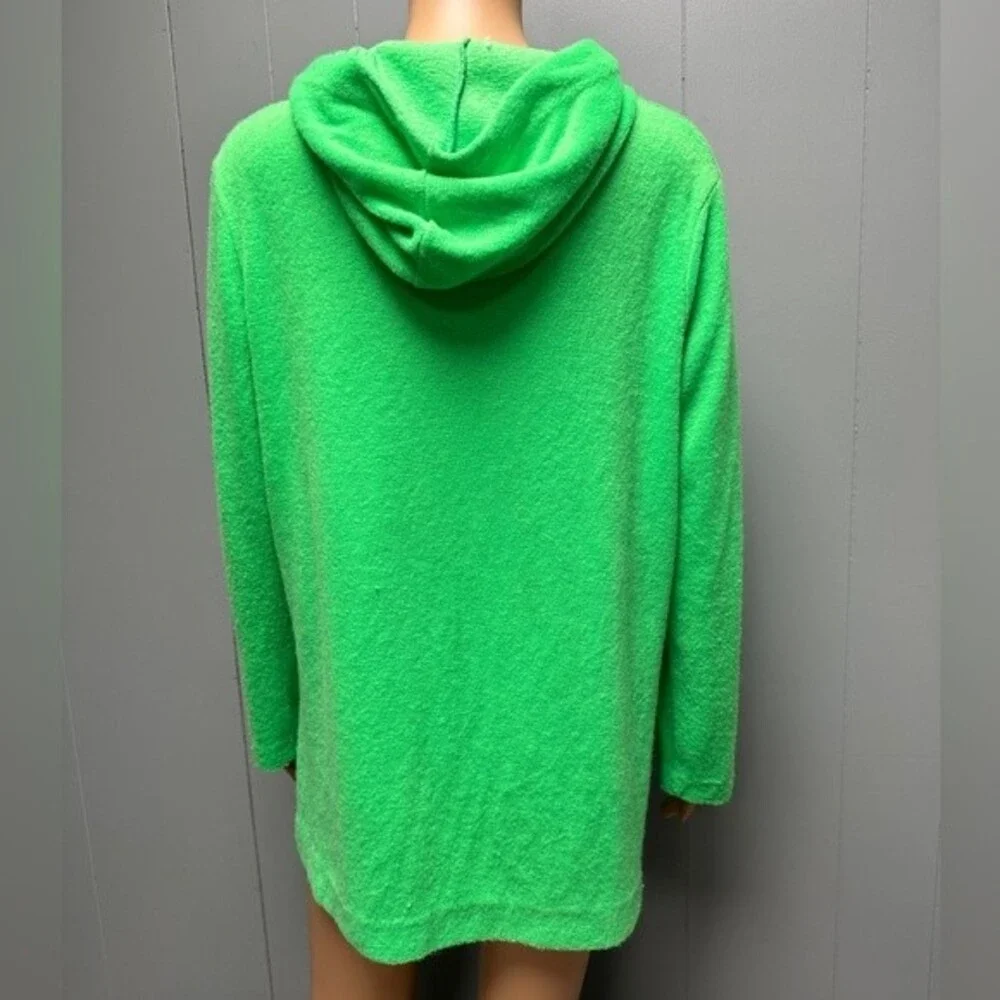 Vintage Hooded Terrycloth Beach Cover Long Sleeve Lime Green 3/4 Zip Size Large
